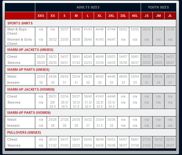 Tonix Teamwear - Size Chart