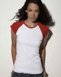 B2020 Bella 100% Ladies 1 x 1 Rib Raglan Cap Sleeve Color Block Tee