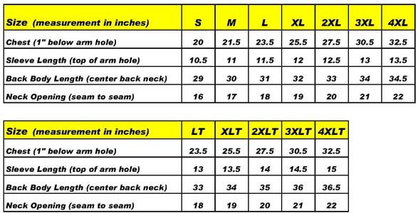 Blue Corner Polo Shirt Size Chart