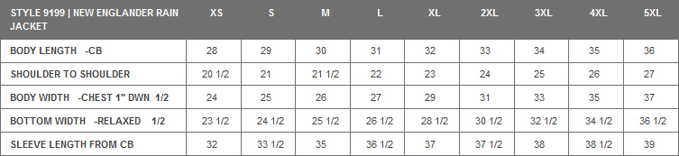 Charles River Rain Jacket Size Chart