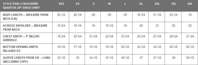 Custom Ink Quarter Zip Size Chart